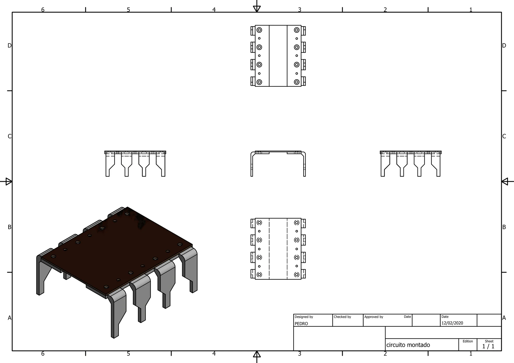Desenho técnico com vistas do conjunto da PCB e dos oito suportes que simulam pernas de um circuito integrado