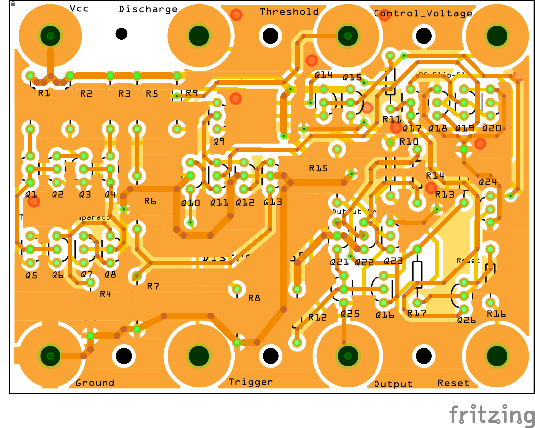 Vista inferior do layout da PCB do 555 discreto