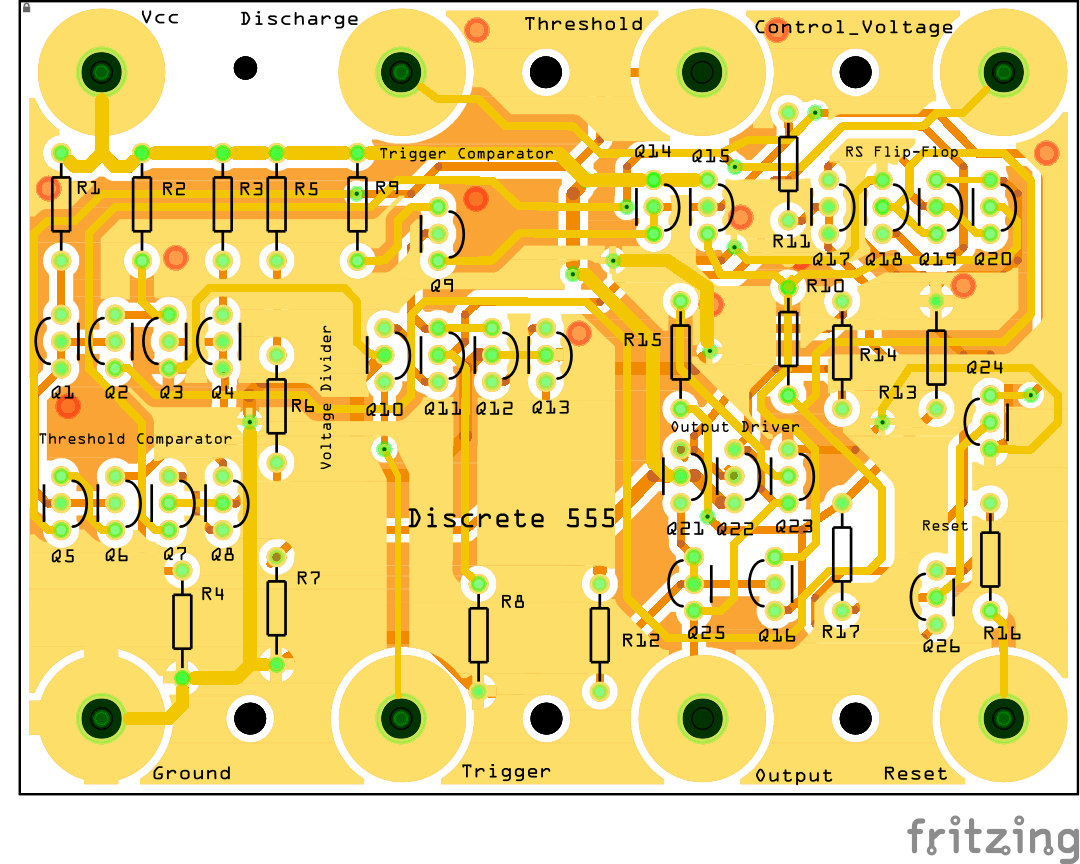 Vista superior do layout didático da PCB do 555 discreto
