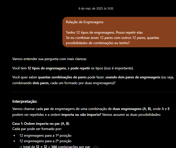 Captura da pergunta inicial sobre combinações de doze tipos de engrenagens em 6 de maio de 2025