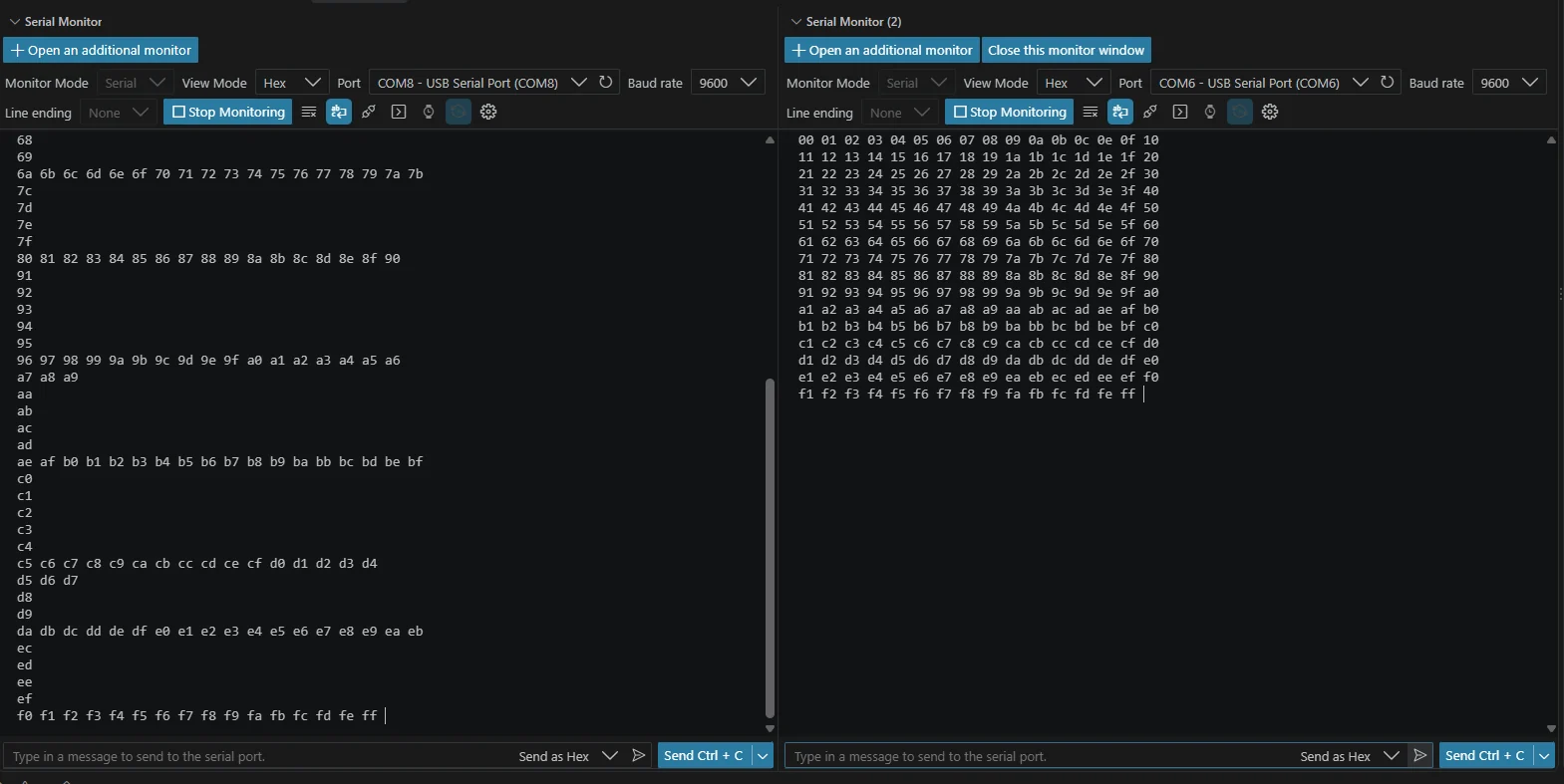 Dois monitores seriais comparando a sequência transmitida com os bytes recebidos