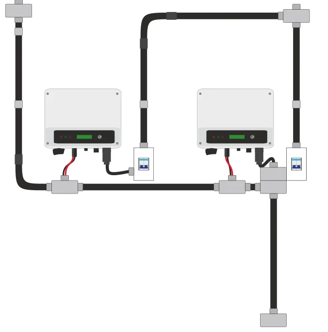 Representação vetorial de uma instalação fotovoltaica com dois inversores e caminhos de conexão
