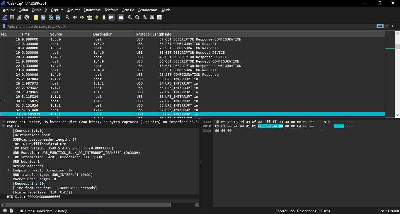 Wireshark capturando transferências USB HID por USBPcap, com enumeração, URB_INTERRUPT e payload de oito bytes