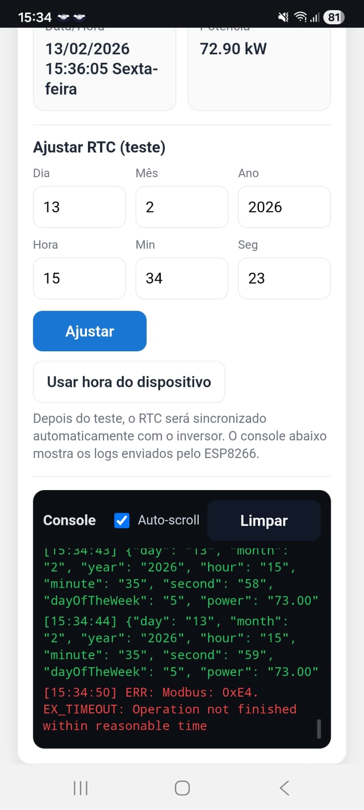 Interface web local com dados de sincronização e mensagem de timeout Modbus