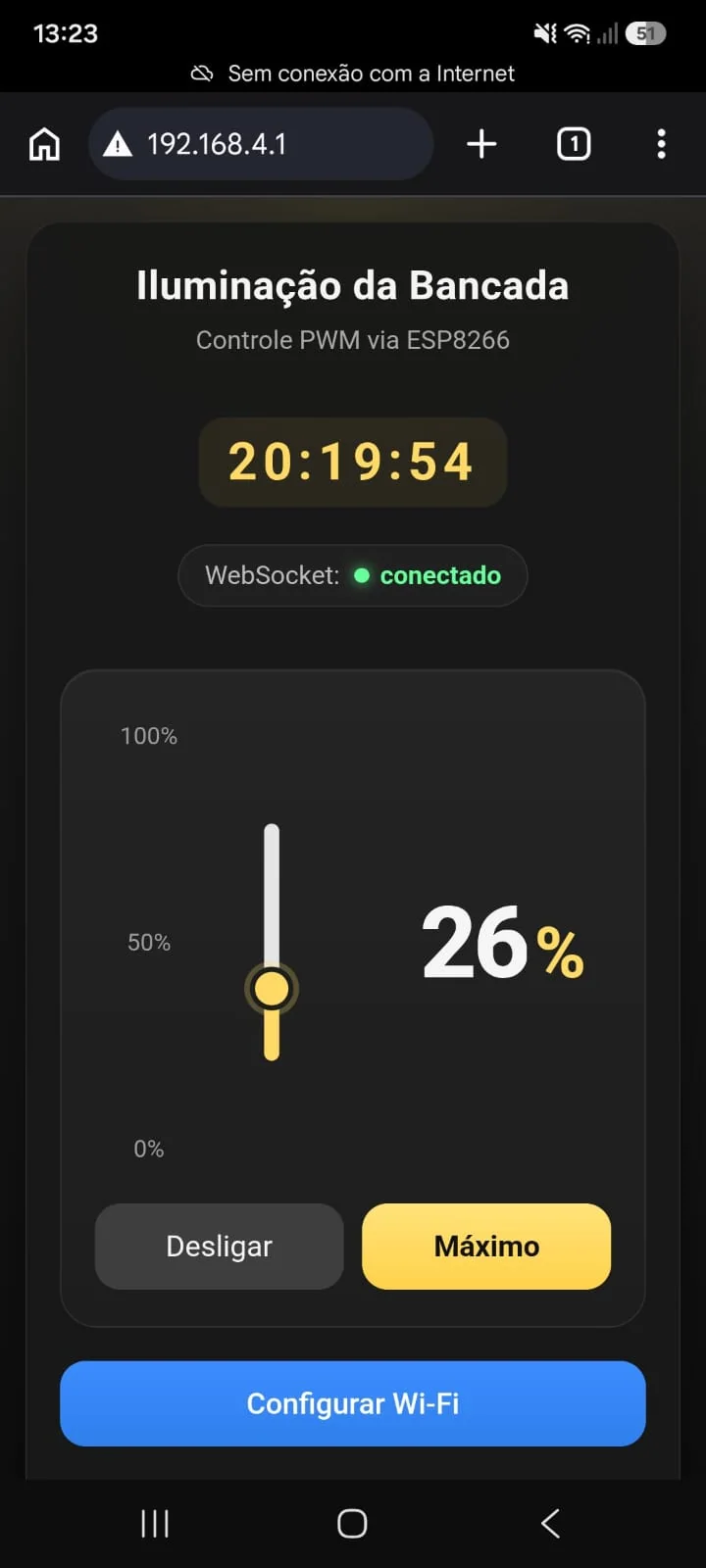 Interface web do Infinity Light aberta em um celular e conectada ao ESP8266