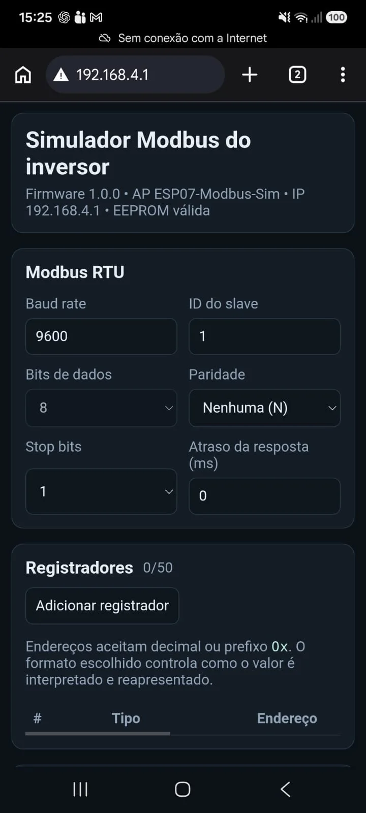 Campos de configuração serial e botão para adicionar registrador