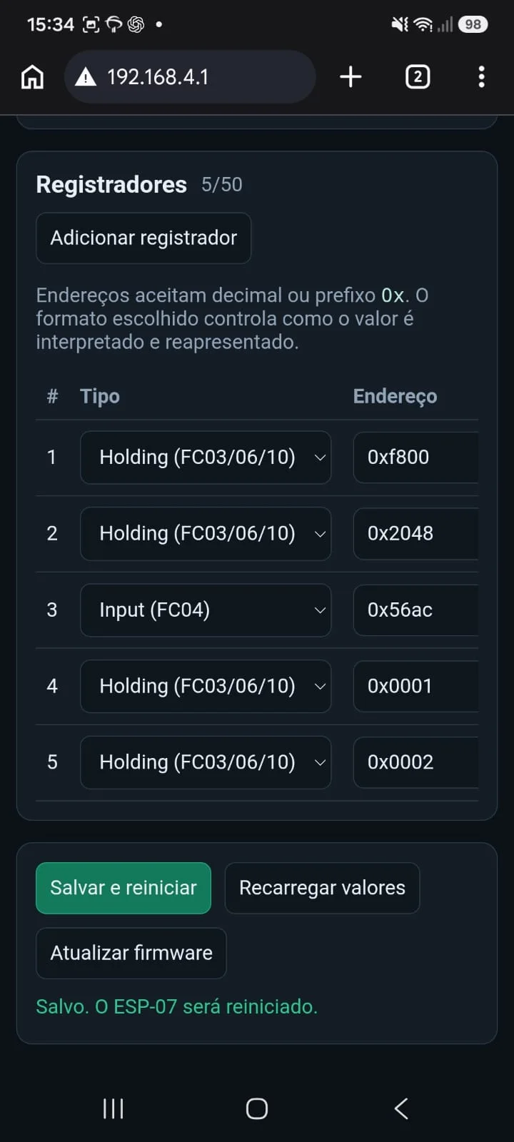 Lista de registradores Holding e Input com endereços hexadecimais
