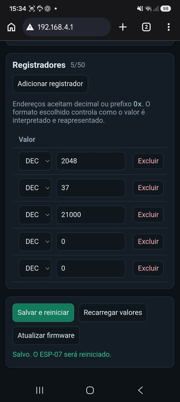 Valores decimais dos registradores e controles de persistência do simulador