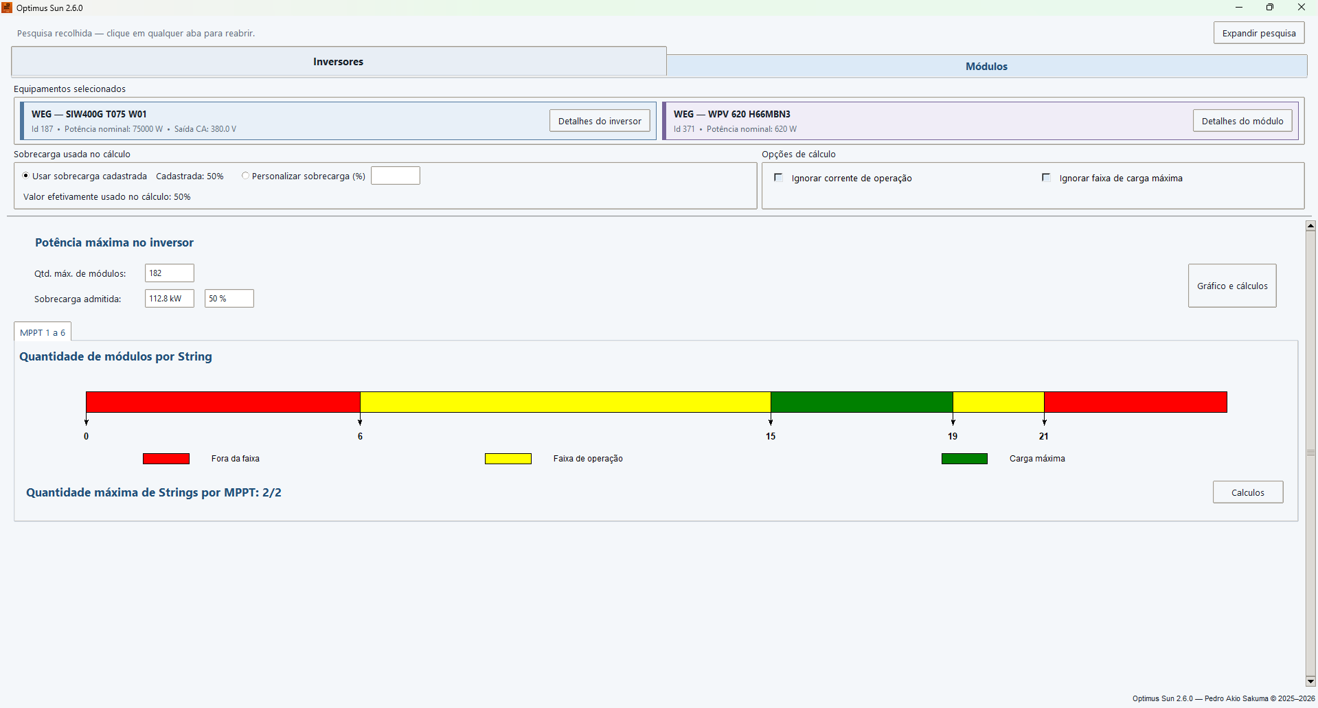 Tela principal do Optimus Sun 2.6.0 com equipamentos selecionados e resultados do cálculo