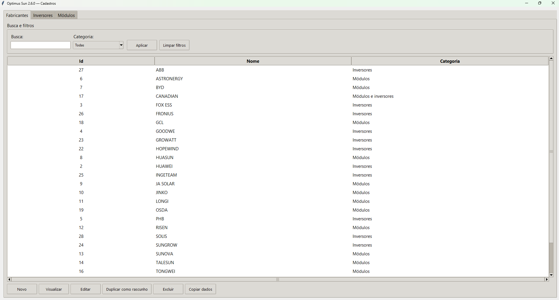 Lista de fabricantes no aplicativo Optimus Sun Cadastros