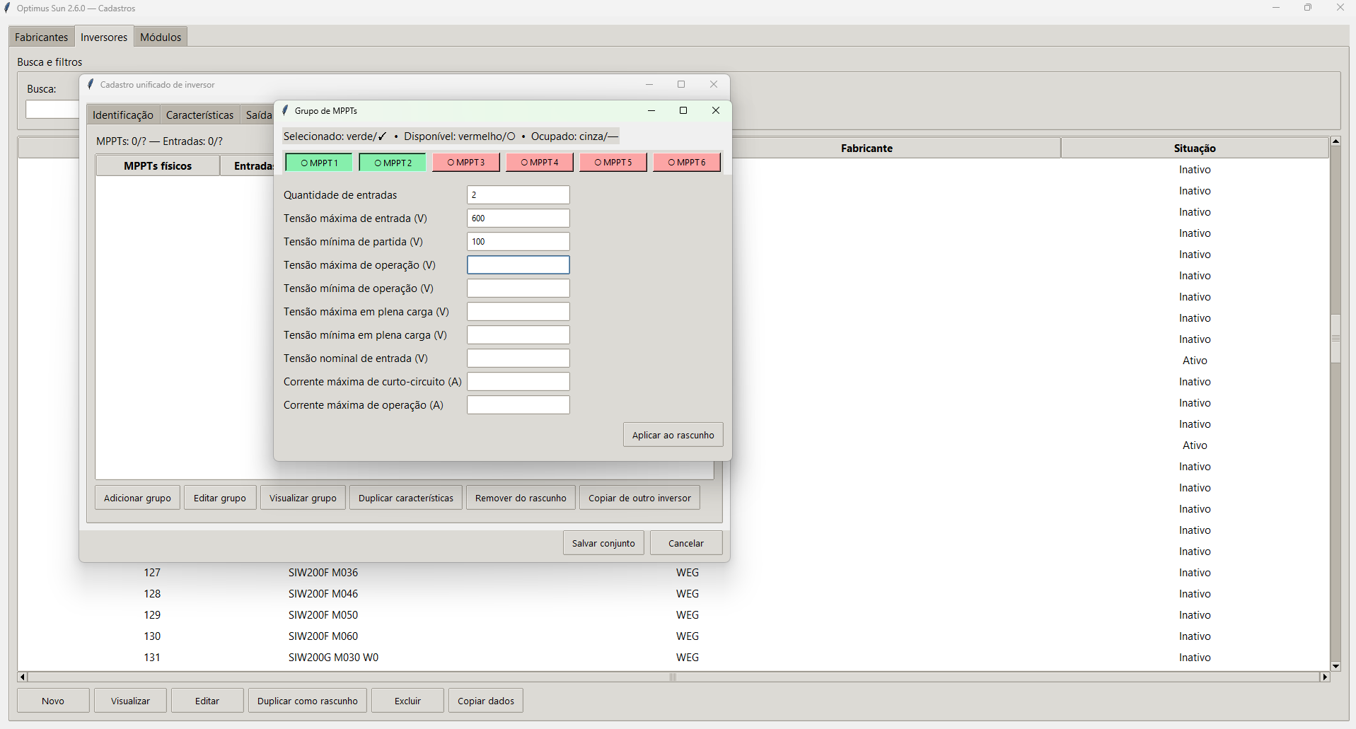 Rascunho incompleto de inversor e editor de grupo de MPPT