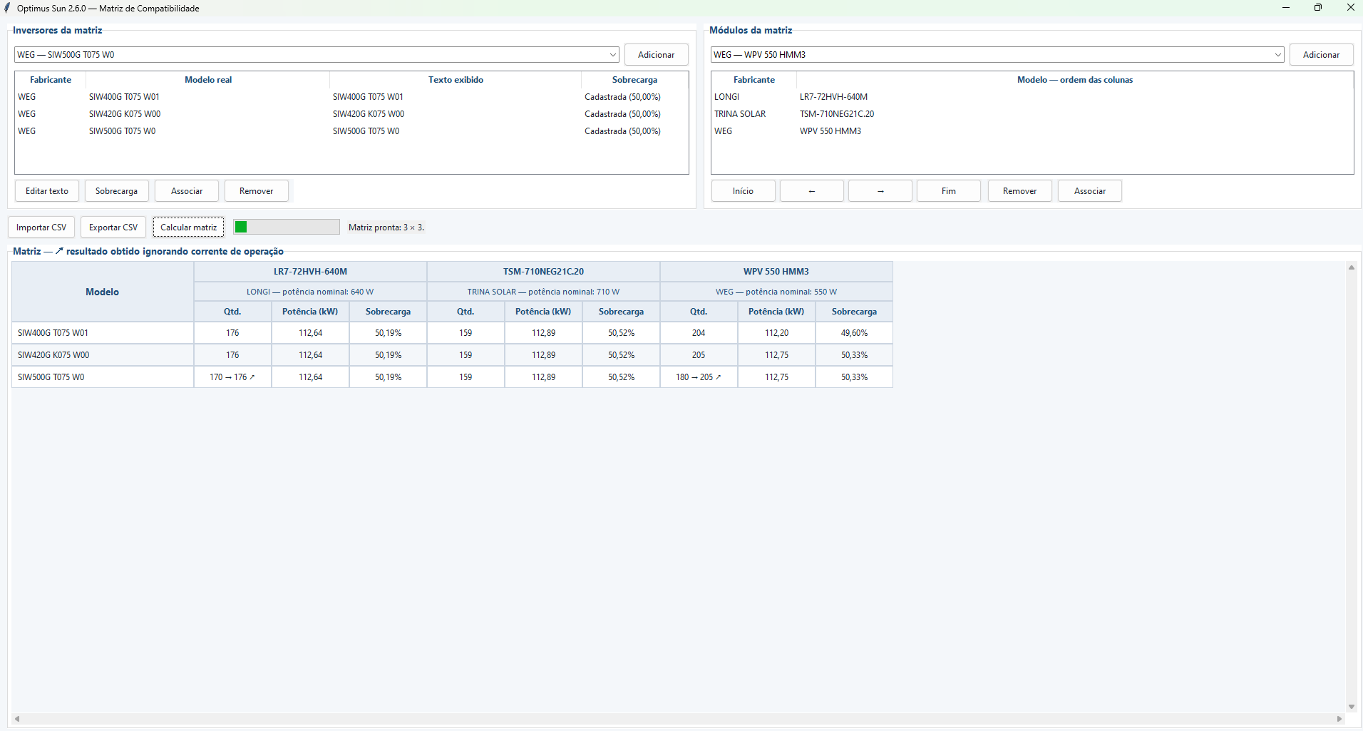 Matriz de Compatibilidade do Optimus Sun comparando três inversores e três módulos