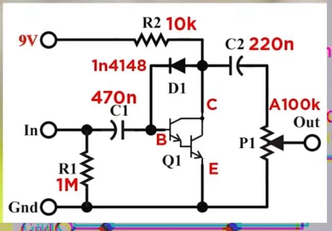 Esquemático de referência do circuito Mini Fuzz apresentado no material do Darta Effects
