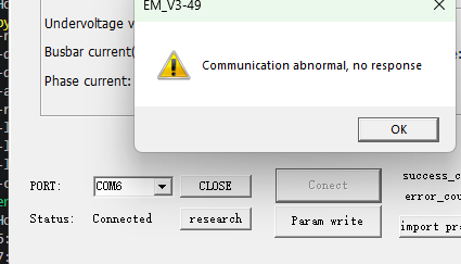 Software configurado para COM6 antes de o proxy ser iniciado e exibindo ausência de resposta