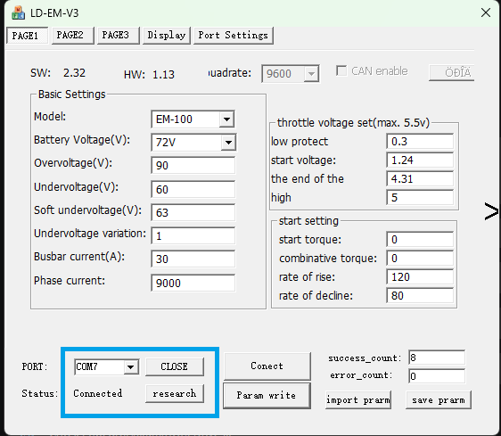Software conectado diretamente à COM7 no teste de referência com o adaptador da moto