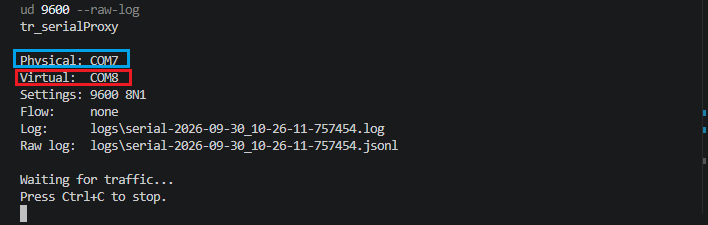 Terminal do tr_serialProxy destacando COM7 como porta física e COM8 como porta virtual