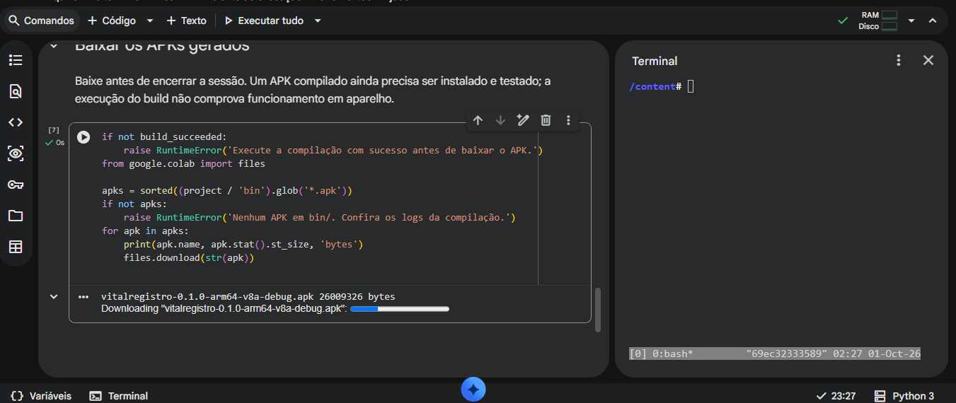 Notebook do Google Colab após gerar e iniciar o download do APK ARM64 do VitalRegistro