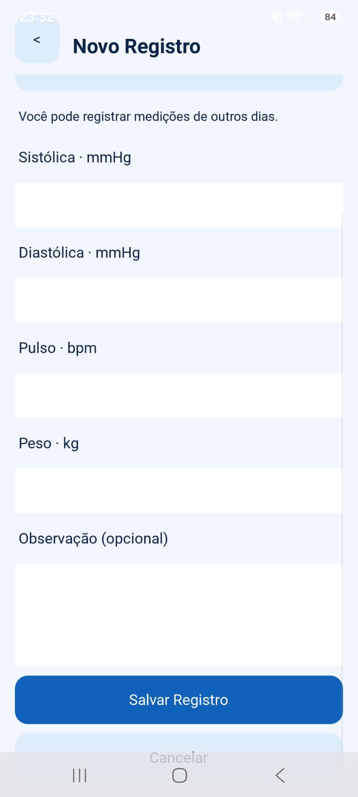 Formulário histórico de novo registro no Android